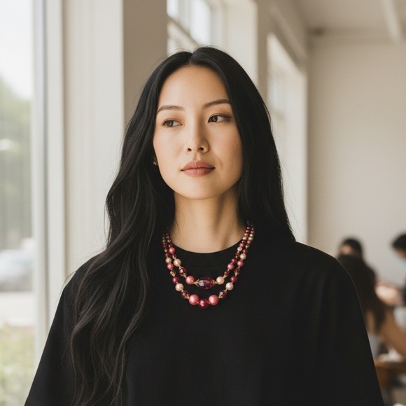 Estate Jewelry - Retro 1960s Double Strand Pink Beads Necklace, Made in Hong Kong